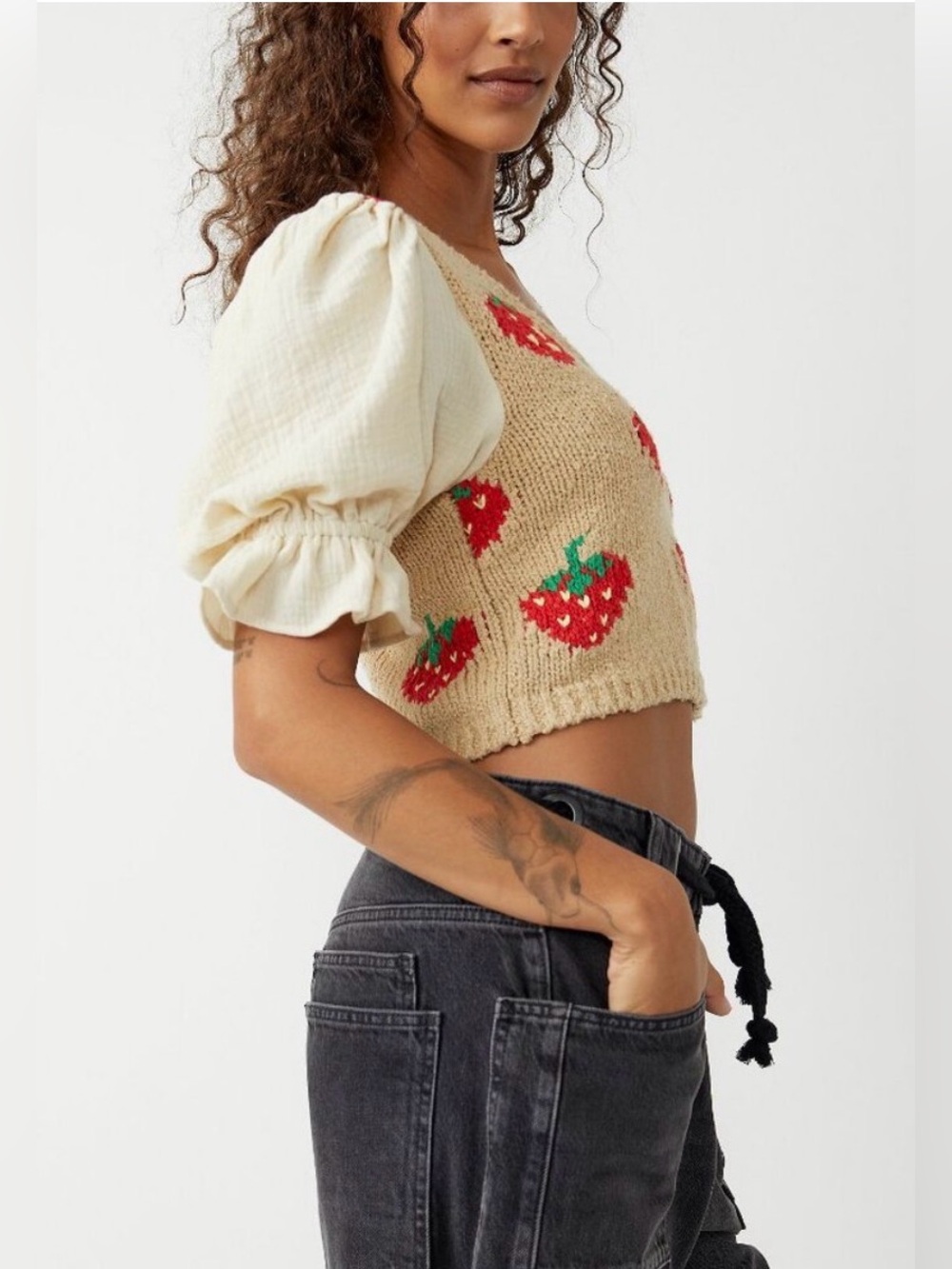 FREE PEOPLE Strawberry Jam Crop Top XS Puff Sleeve Knit Boho - Picture 12 of 16